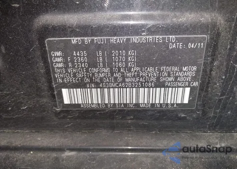 2011 Subaru Legacy 2.5I z USA, uszkodzony, nr VIN 4S3BMCA62B3251086